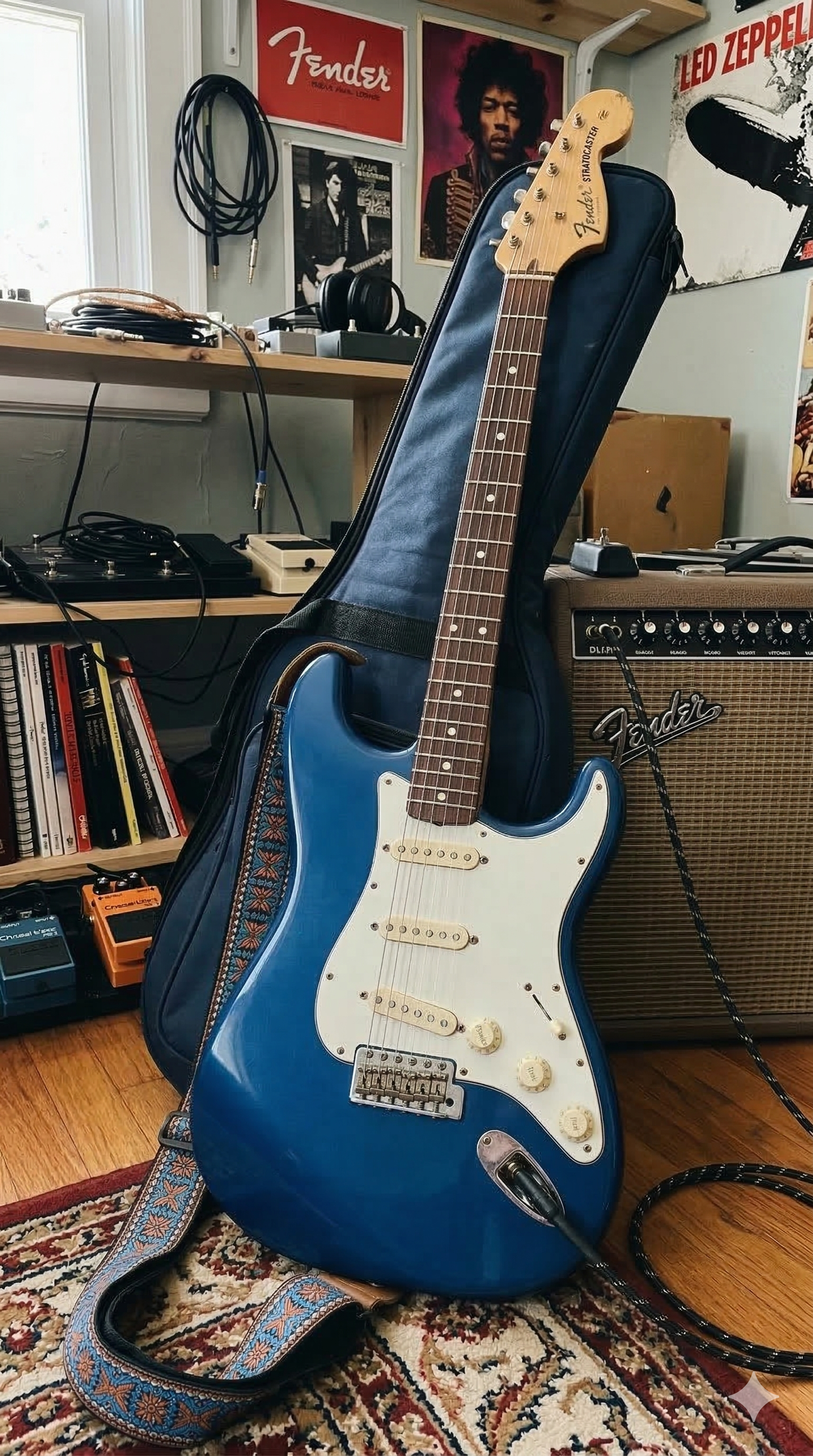 Blue and white Stratocaster electric guitar